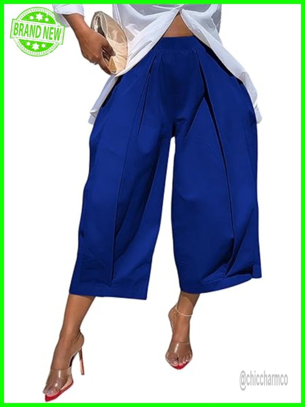 High Waisted Wide Leg Cropped Pants Pleated Loose Fit Palazzo Capri with Pockets